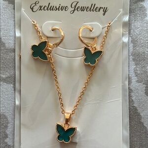 Gold and Green Butterfly Necklace and Earrings Set